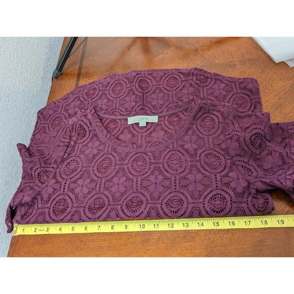 LOFT Sheer Lace Blouse XS Burgundy Red‎ Shirt Bell Short Sleeves Designer Flowy - Picture 5 of 7
